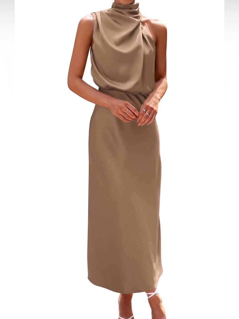 Sleek Taupe Satin Cowl Neck Maxi Dress